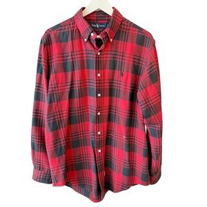 Ralph Lauren Men's Red Black Plaid Button Down Shirt Long Sleeve Cotton Size L
